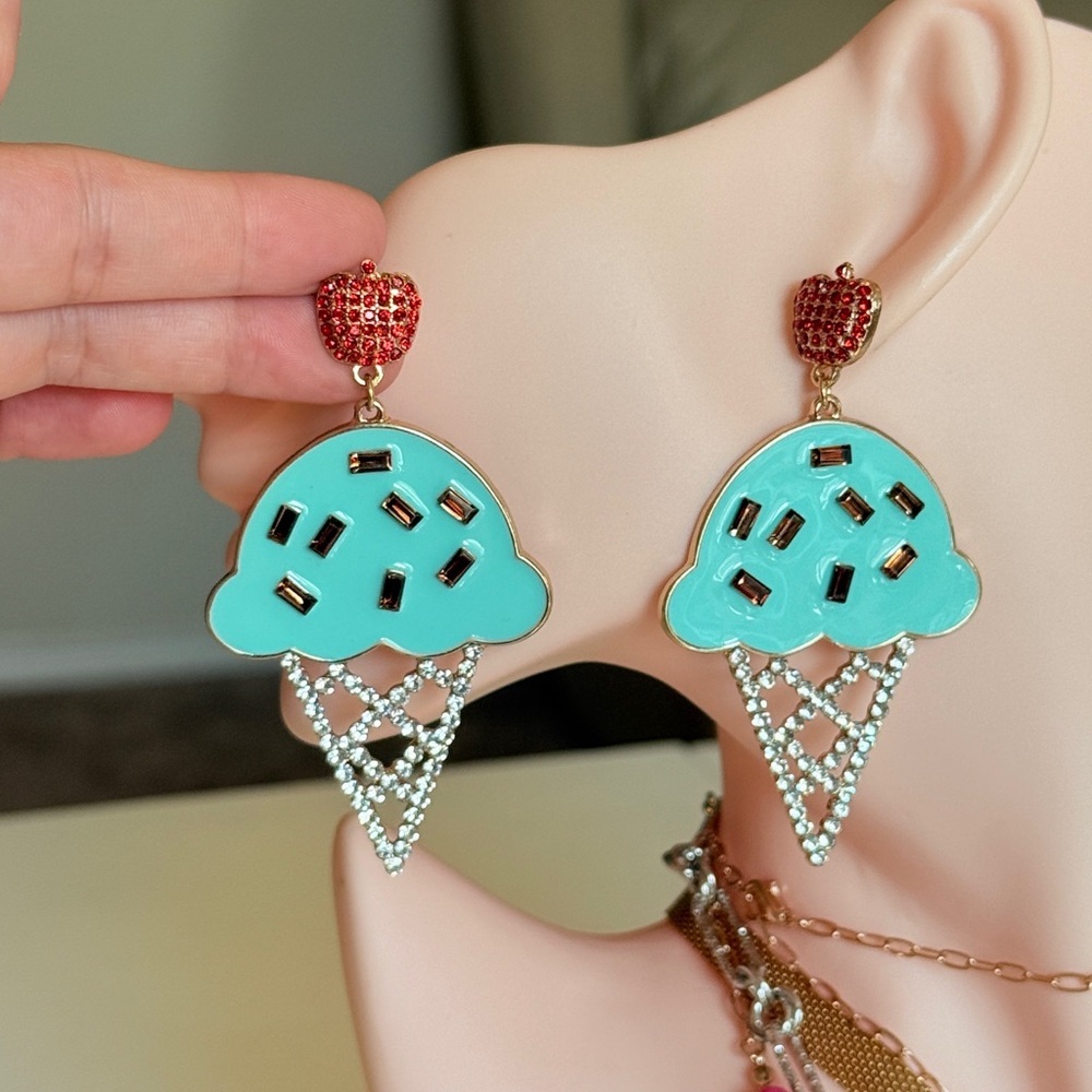 Aqua Ice Cream Cone Statement Earrings with Red Stud
